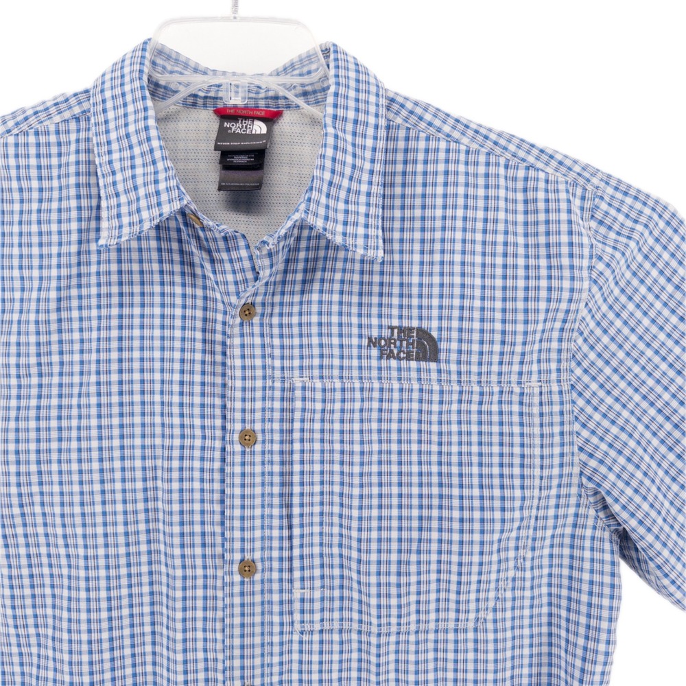 The North Face Mens Medium Button Up Shirt Blue Plaid Short Sleeve Hiking Shirt